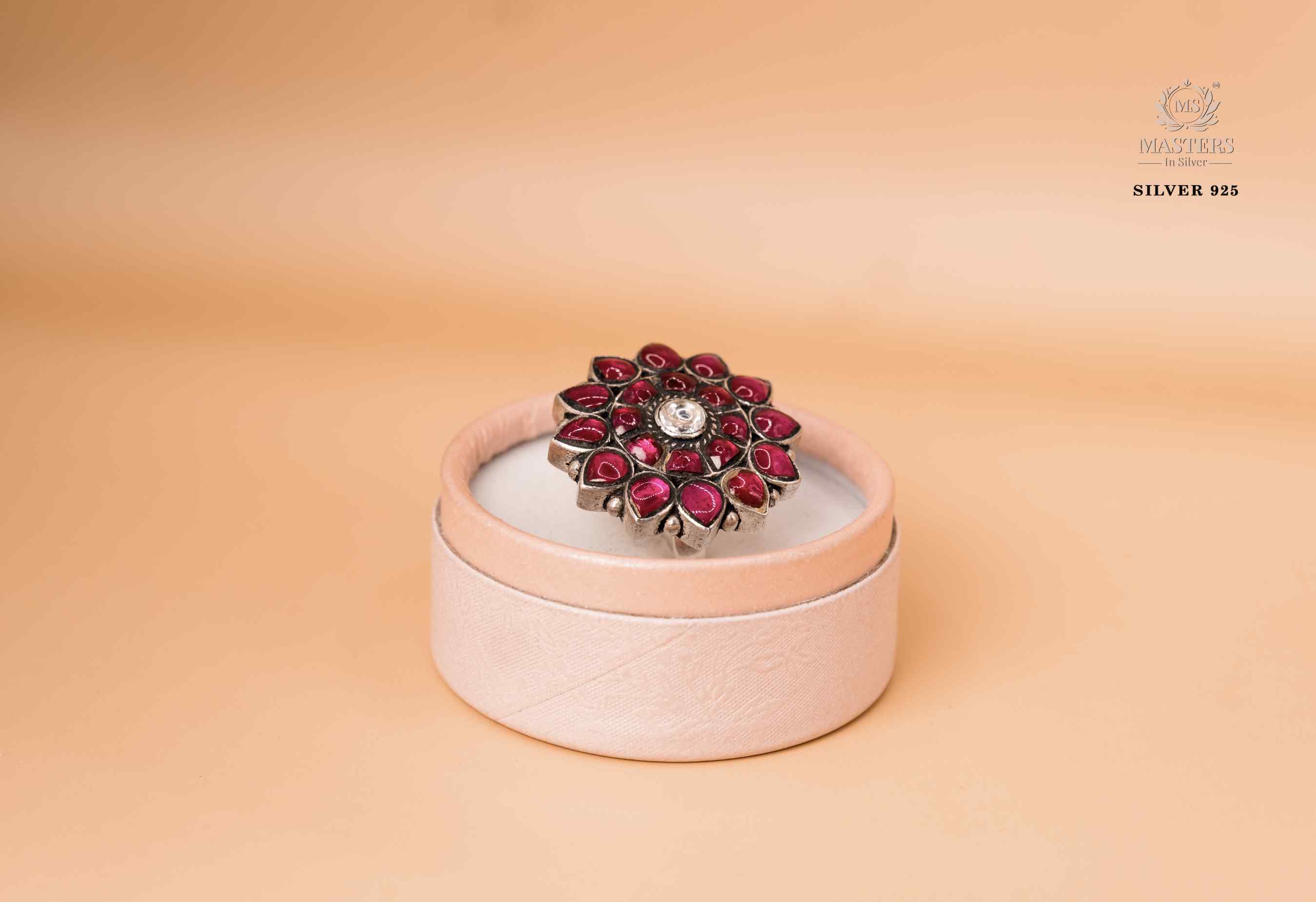 OXIDISED COCKTAIL RING CUT STONES  KUNDAN floral