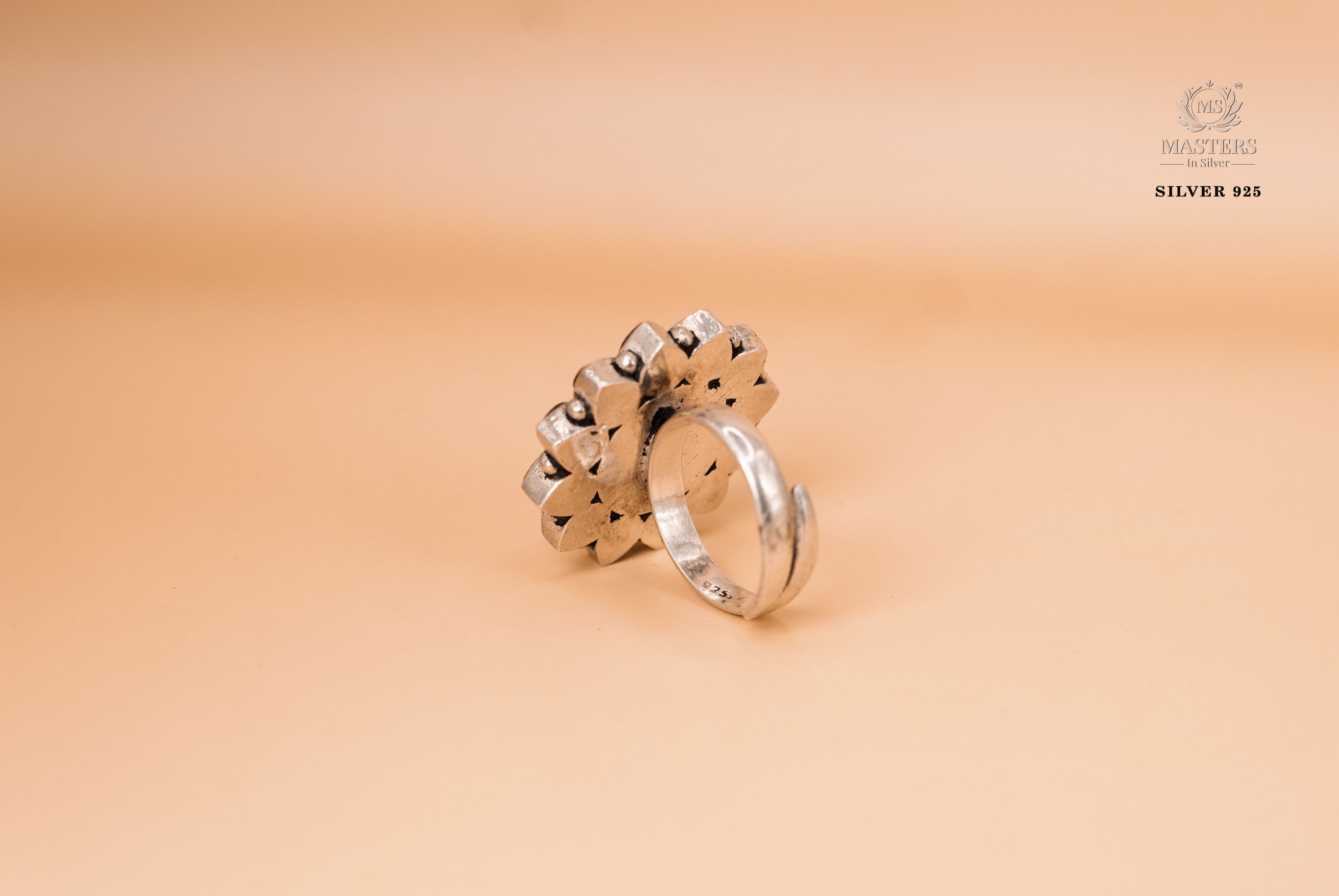 OXIDISED COCKTAIL RING CUT STONES  KUNDAN floral